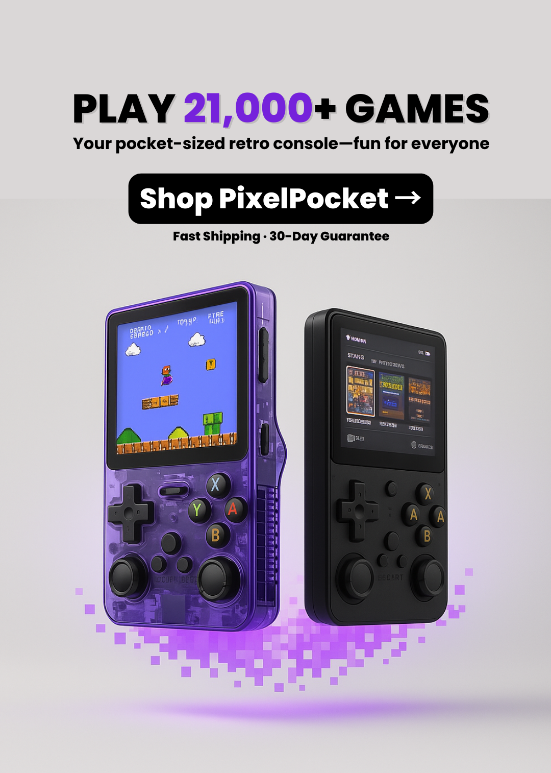 PixelPocket retro console with purple and black designs on a light gray background